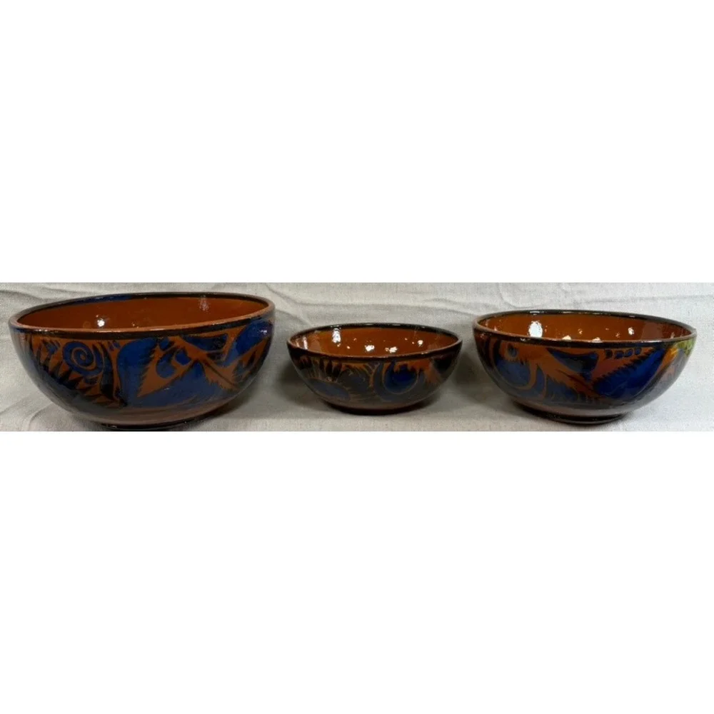 Vintage Handmade Mexican Tonala Pottery Nesting Bowls Set of 3 Terracotta Blue
